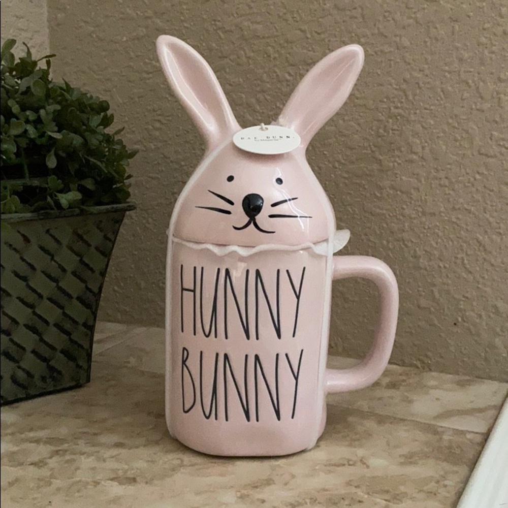Rae Dunn Hunny Bunny pink mug with rabbit ear lid